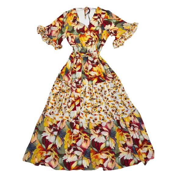 Figueroa & Flower Maxi Dress Women’s Sz L Flutter Sleeve Tiered Floral Tie Waist - Picture 2 of 11